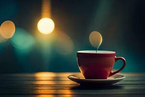 a cup of coffee on a wooden table with blurred bokeh. AI-Generated photo