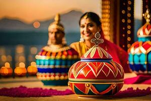 a woman in traditional indian dress sits next to a colorful pot. AI-Generated photo
