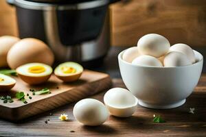 eggs in a bowl next to an instant pot. AI-Generated photo