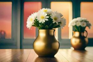 two vases with white flowers on a wooden table. AI-Generated photo
