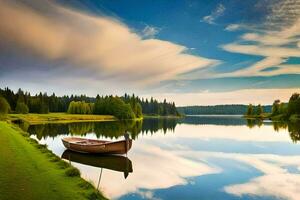 un barco se sienta en el apuntalar de un lago. generado por ai foto