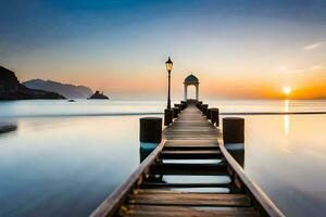 a pier with a lighthouse at sunset. AI-Generated photo