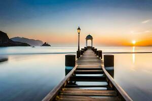 un muelle con un faro a puesta de sol. generado por ai foto