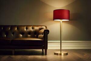 a leather couch and a lamp in a room. AI-Generated photo