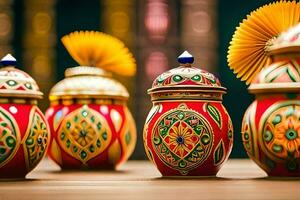 a row of colorful vases with decorative designs. AI-Generated photo