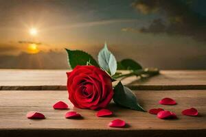 red rose on a wooden table with sun setting behind. AI-Generated photo