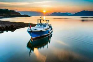 a boat is docked at the shore of a lake at sunset. AI-Generated photo