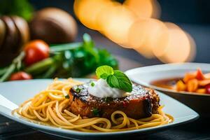 a plate of spaghetti with meat and sauce. AI-Generated photo