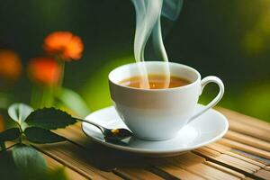 un taza de té en un de madera mesa. generado por ai foto