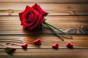 a single red rose on a wooden table with hearts. AI-Generated photo