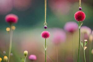 dos rosado flores colgando desde un cadena en un campo. generado por ai foto