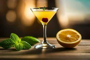 cocktail with lemon, mint and a slice of lemon. AI-Generated photo