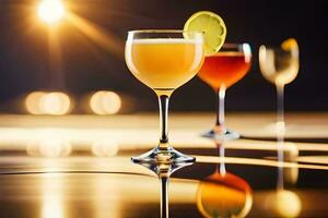 three different cocktails sit on a table with a light behind them. AI-Generated photo