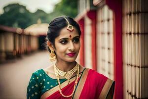 beautiful indian bride in red sari. AI-Generated photo