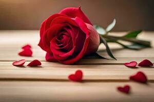 a single red rose on a wooden table with hearts scattered around it. AI-Generated photo