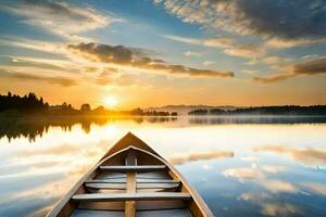 a canoe is floating on the water at sunset. AI-Generated photo