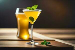 cocktail with mint leaves on a wooden table. AI-Generated photo