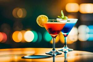 two colorful cocktails on a table in front of a blurred background. AI-Generated photo