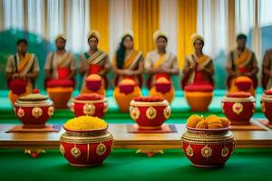 a group of people in traditional clothing sitting around a table with bowls of fruit. AI-Generated photo