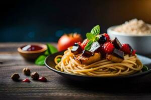 spaghetti with berry sauce and rice on a wooden table. AI-Generated photo