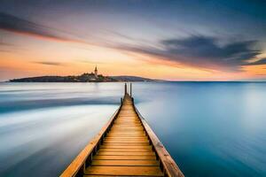 a long exposure photograph of a wooden pier stretching into the ocean. AI-Generated photo