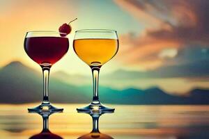 two glasses of wine with a cherry on the rim. AI-Generated photo