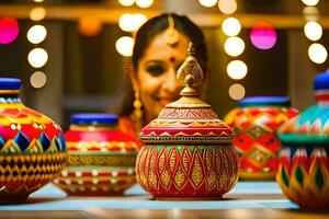 a woman is looking at colorful pots on a table. AI-Generated photo
