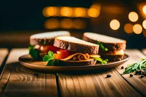 sandwiches on a wooden table with a candle. AI-Generated photo