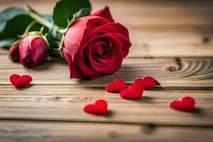 red roses on a wooden table with hearts. AI-Generated photo