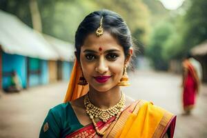 a woman in traditional sari poses for a portrait. AI-Generated photo