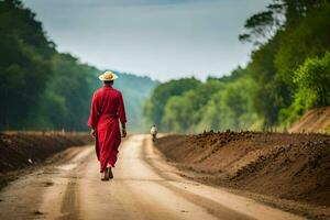 a monk walking down a dirt road. AI-Generated photo