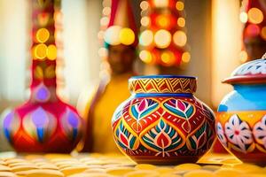 colorful vases are on a table with colorful lights. AI-Generated photo