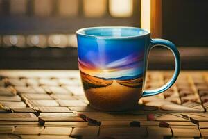 a coffee mug with a sunset scene on it. AI-Generated photo