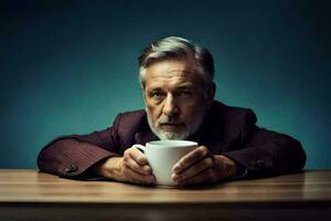 un más viejo hombre con un blanco barba sentado a un mesa con un taza de café. generado por ai foto