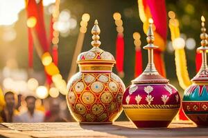 three colorful vases on a table with people in the background. AI-Generated photo