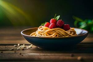 spaghetti with raspberries in a bowl. AI-Generated photo