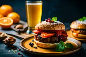 two hamburgers with fruit and vegetables on a wooden table. AI-Generated photo