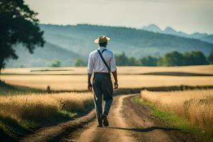 a man in a hat and white shirt walking down a dirt road. AI-Generated photo