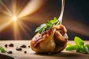 a chicken leg with herbs and spices on a wooden cutting board. AI-Generated photo