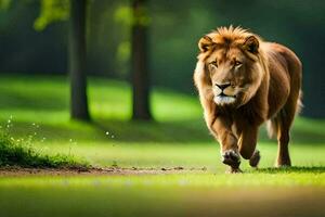 un león caminando en un verde campo. generado por ai foto