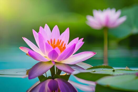 dos rosado loto flores son flotante en el agua. generado por ai foto