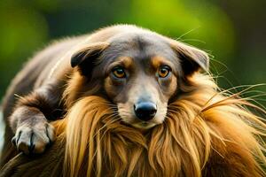 a dog with long hair sitting on a tree. AI-Generated photo