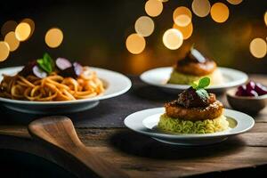 three plates with food on them and a wooden spoon. AI-Generated photo