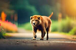 a brown dog walking on a road in the middle of a field. AI-Generated photo