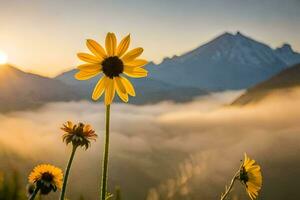 sunflower, mountain, sunrise, the clouds, the sun, the mountains, the flowers,. AI-Generated photo