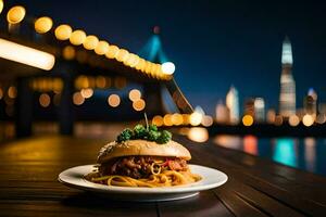 a burger and spaghetti on a plate in front of the city skyline. AI-Generated photo