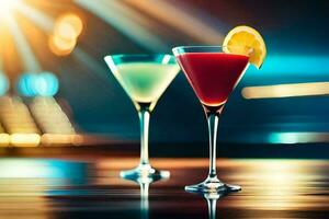 two colorful cocktails on a table with a bright light. AI-Generated photo