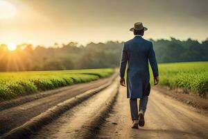 a man in a suit and hat walking down a dirt road. AI-Generated photo