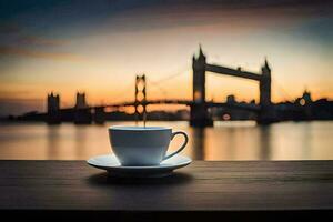 the cup of coffee on the table in front of the london bridge. AI-Generated photo
