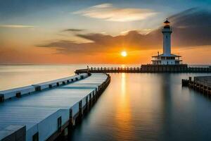 a lighthouse at sunset with a dock and a pier. AI-Generated photo